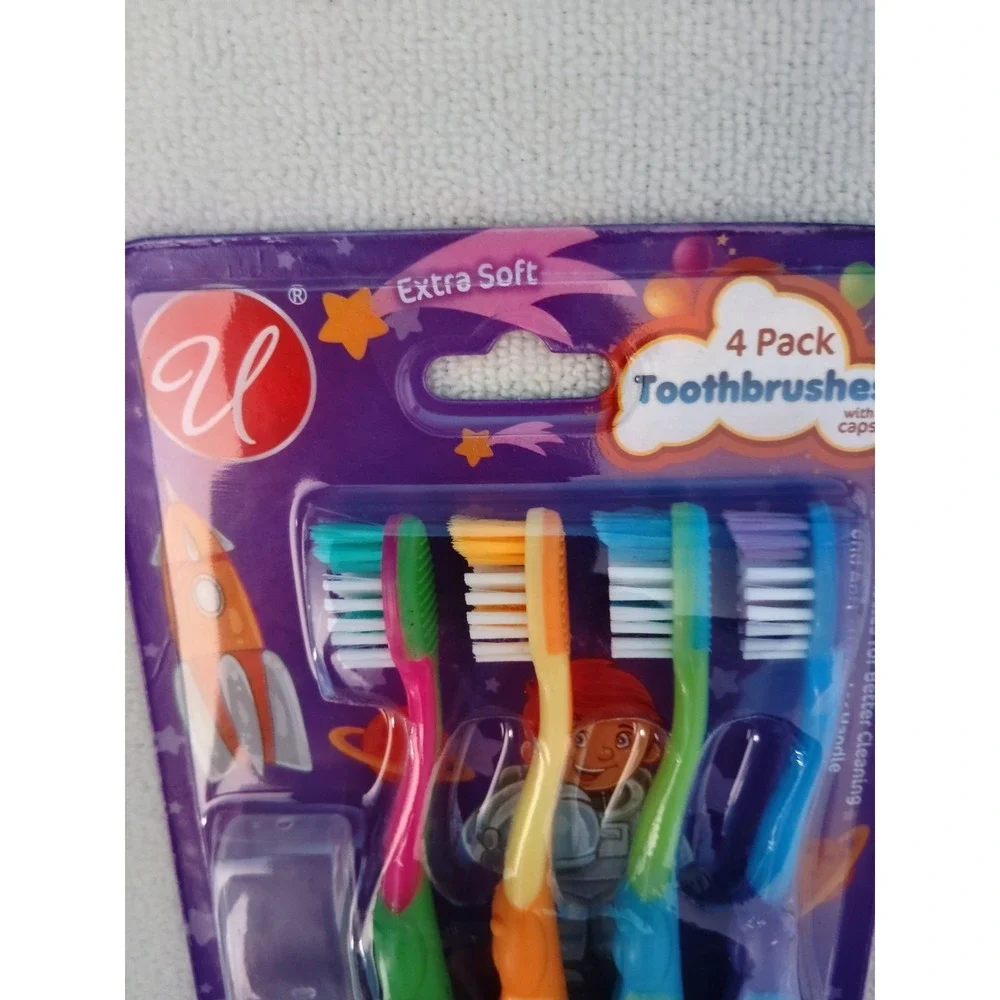 U Extra Soft Toothbrushes 4 Pack w/ Caps Anti-Slip Handle Ages 2-6